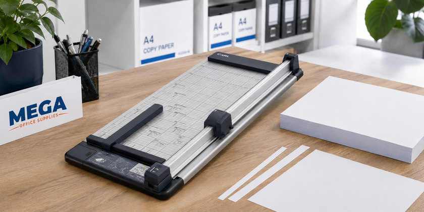 Office paper cutter set up on a document finishing bench with paper stacks and trimmed sheets.
