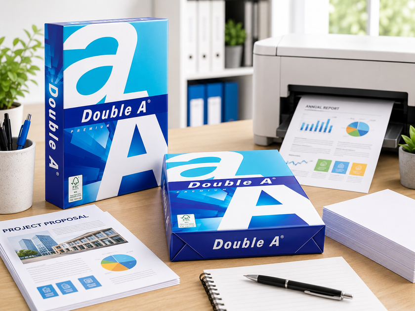 Double A office paper displayed on a bright office desk with printed reports, a printer, stationery and paper stacks for everyday workplace printing.