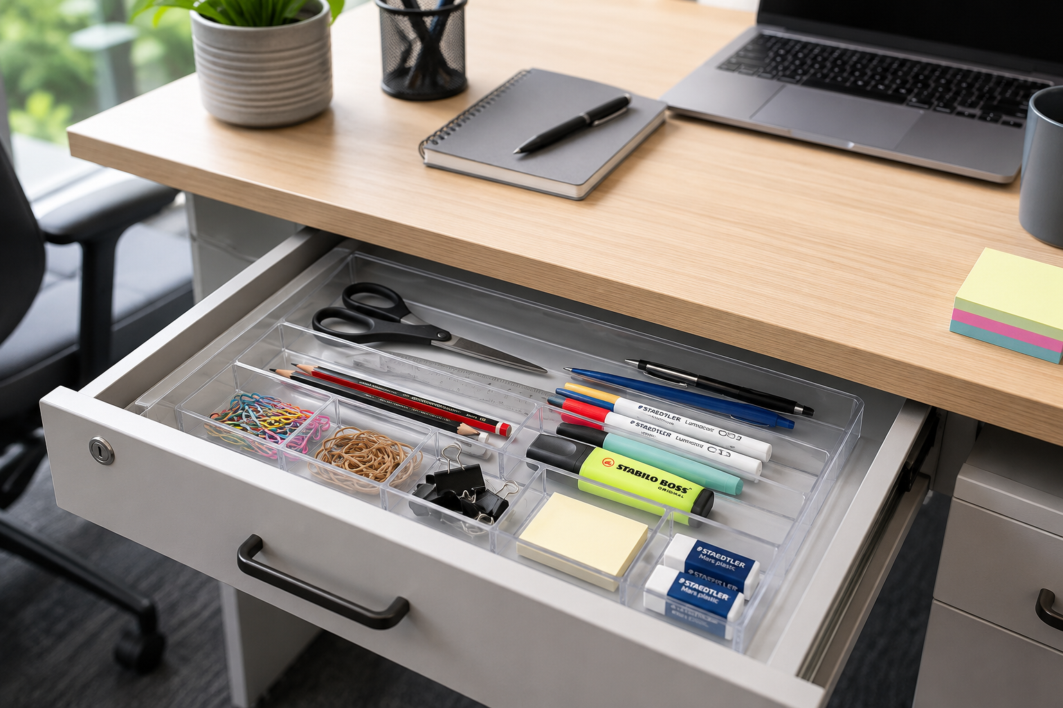 Clear drawer tidy organiser with pens, clips, scissors and stationery in a bright modern office desk drawer.
