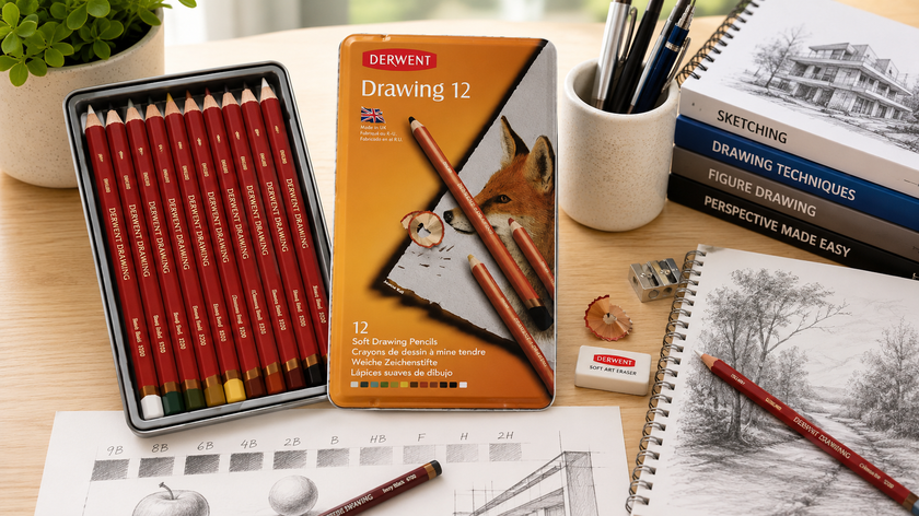 Drawing pencils arranged on a bright studio desk with sketchbooks, tonal shading samples, eraser, sharpener and finished pencil artwork.