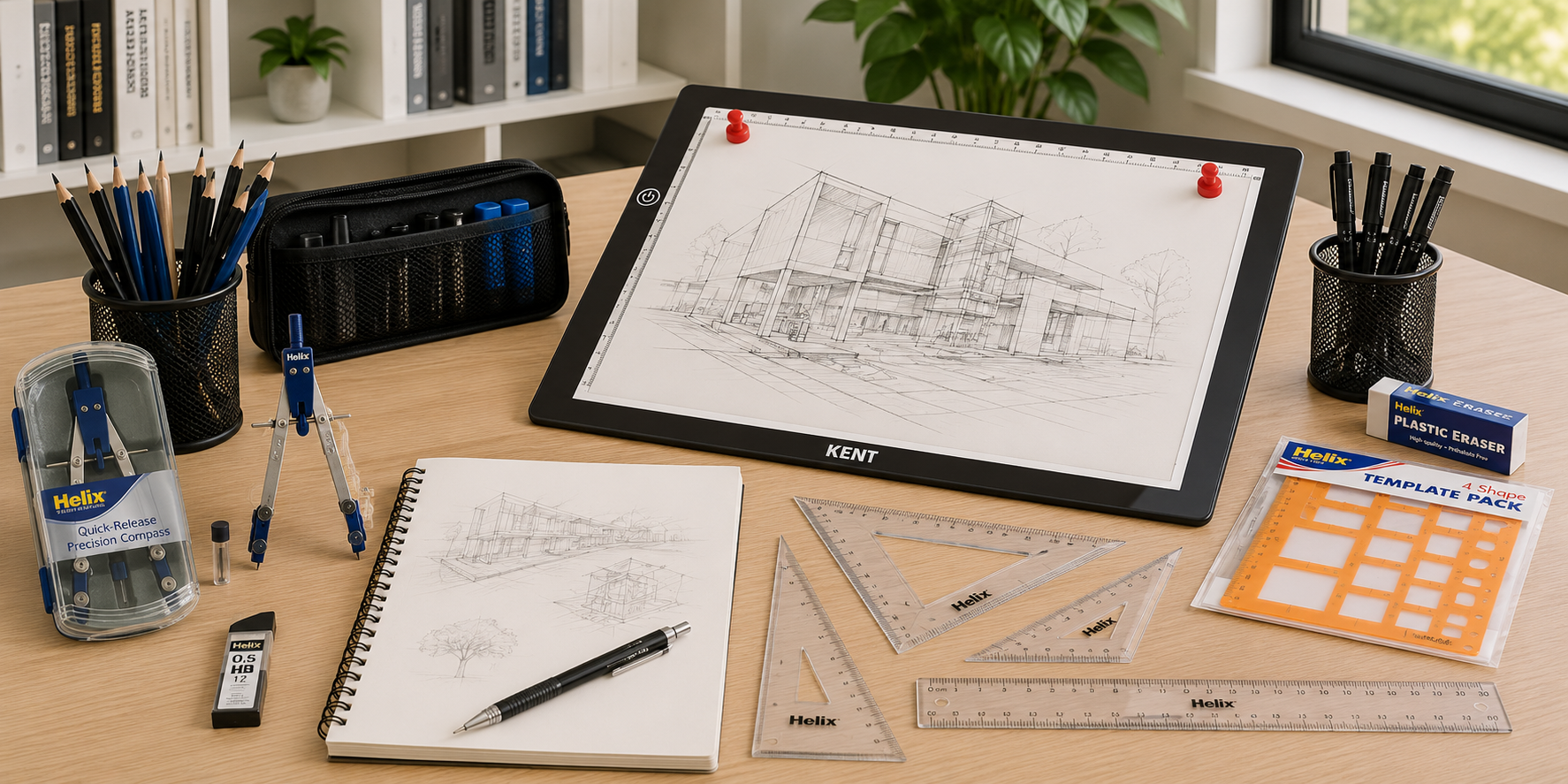 Drawing supplies arranged on an architectural drafting desk with a drawing board, precision compass, templates, rulers, pencils and technical sketches.