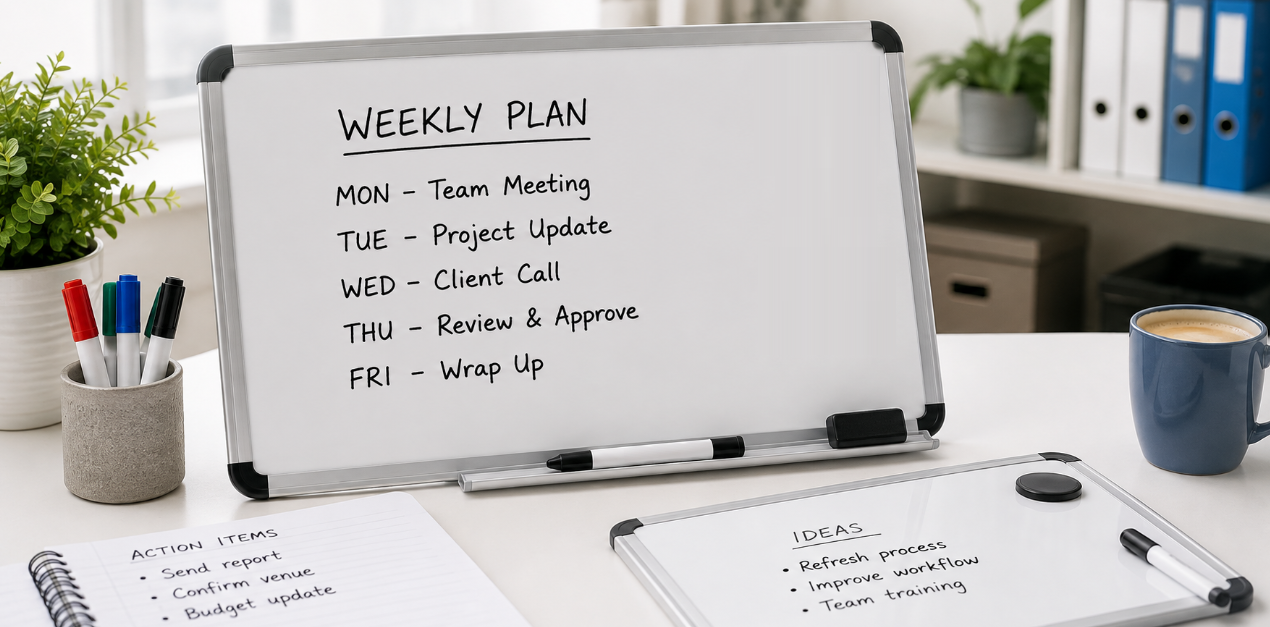 Dry erase boards used for weekly planning on a bright modern office desk with whiteboard markers.