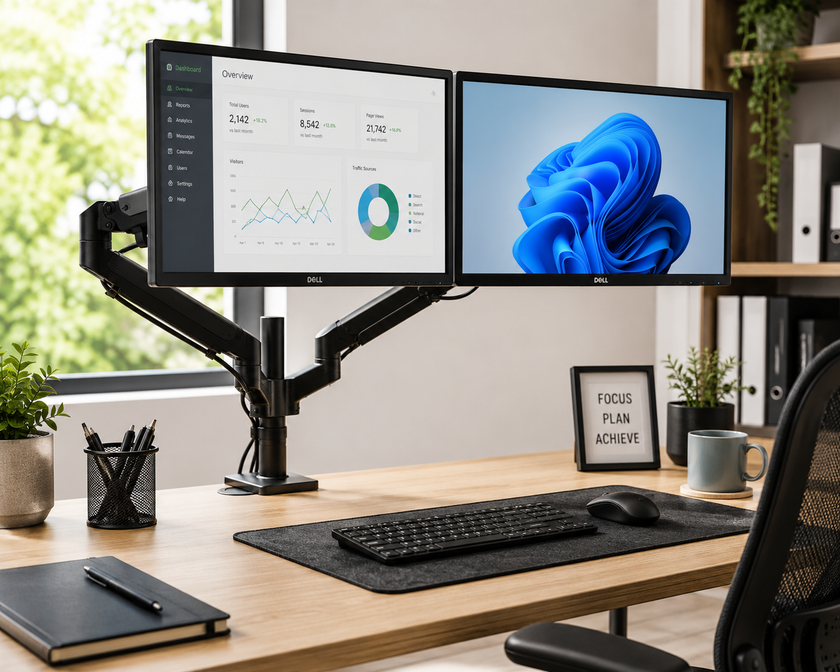 Dual monitor arms supporting two screens on a bright ergonomic office workstation with keyboard, mouse and desk accessories.