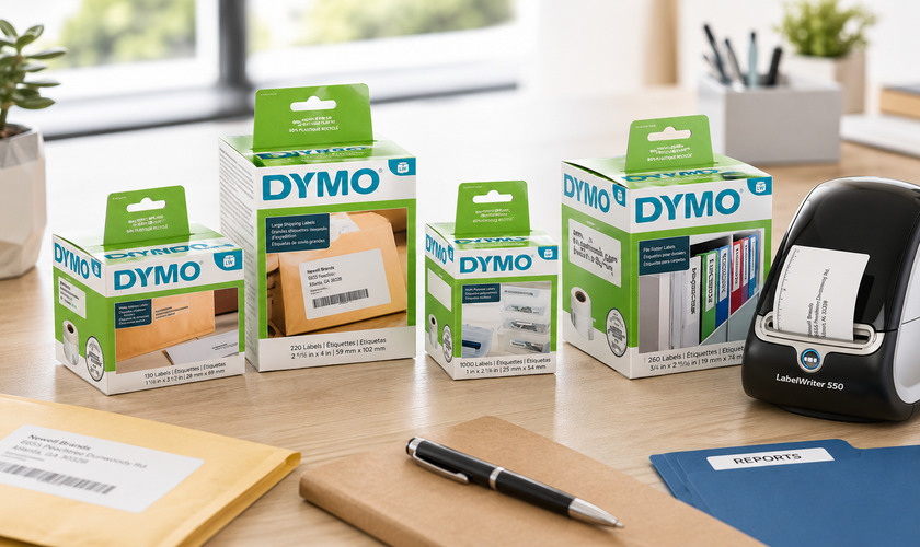 Dymo LabelWriter label boxes and printer arranged on a bright office mailroom desk.