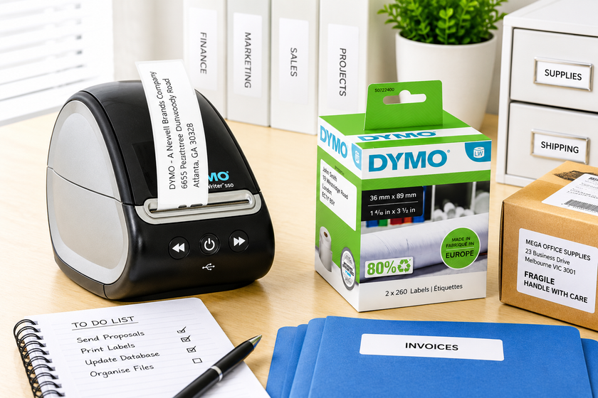 Dymo LabelWriter and compatible label box displayed on a bright office desk with labelled folders, parcel, notebook and storage drawers.