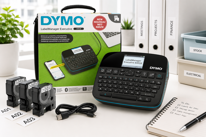 Dymo label maker arranged on a bright office desk with label cartridges, product packaging, labelled folders, storage tubs and organisation supplies.