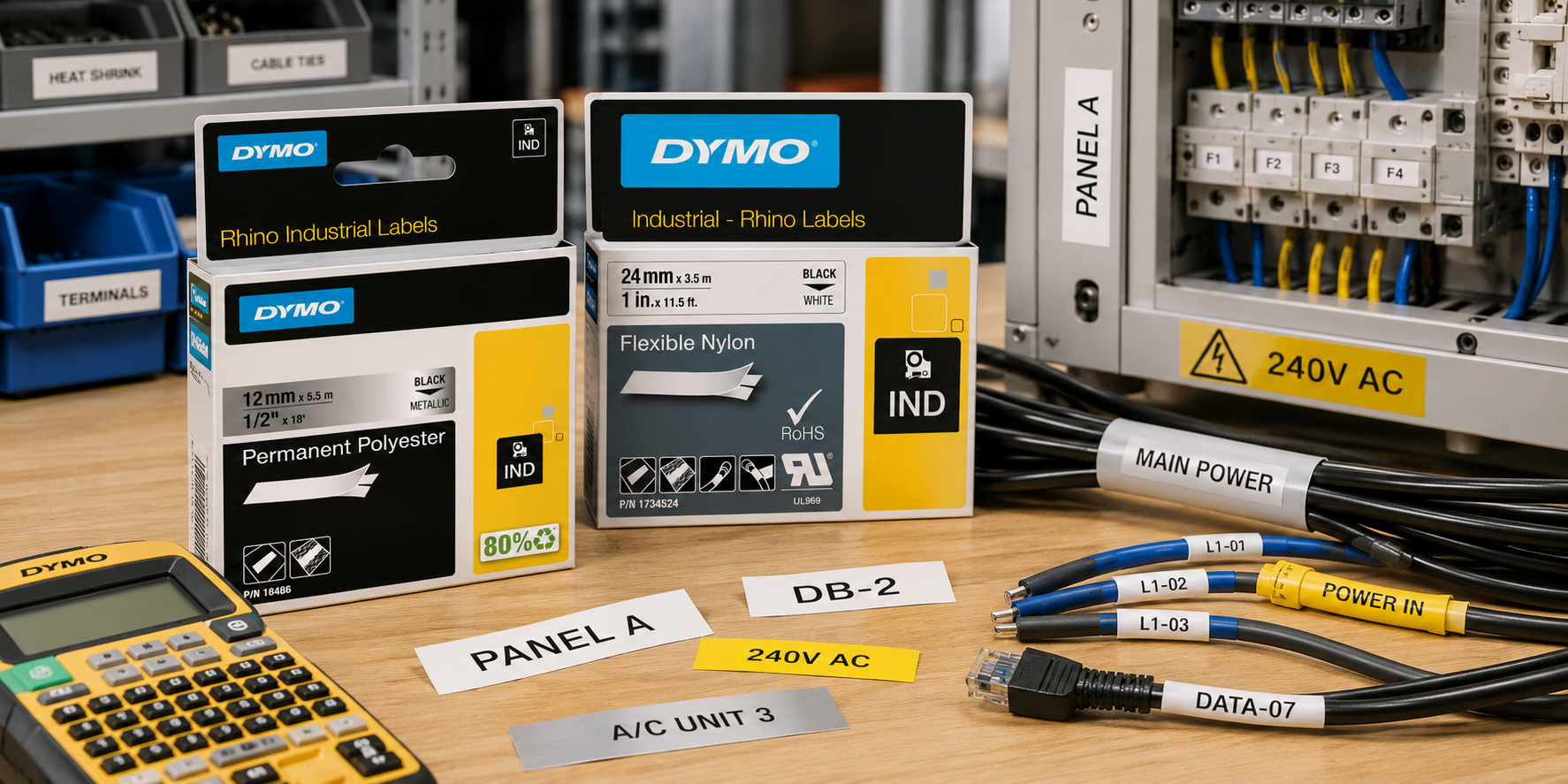Dymo Rhino industrial labels displayed on a bright workbench with labelled cables, electrical panel, label maker and trade organisation supplies.