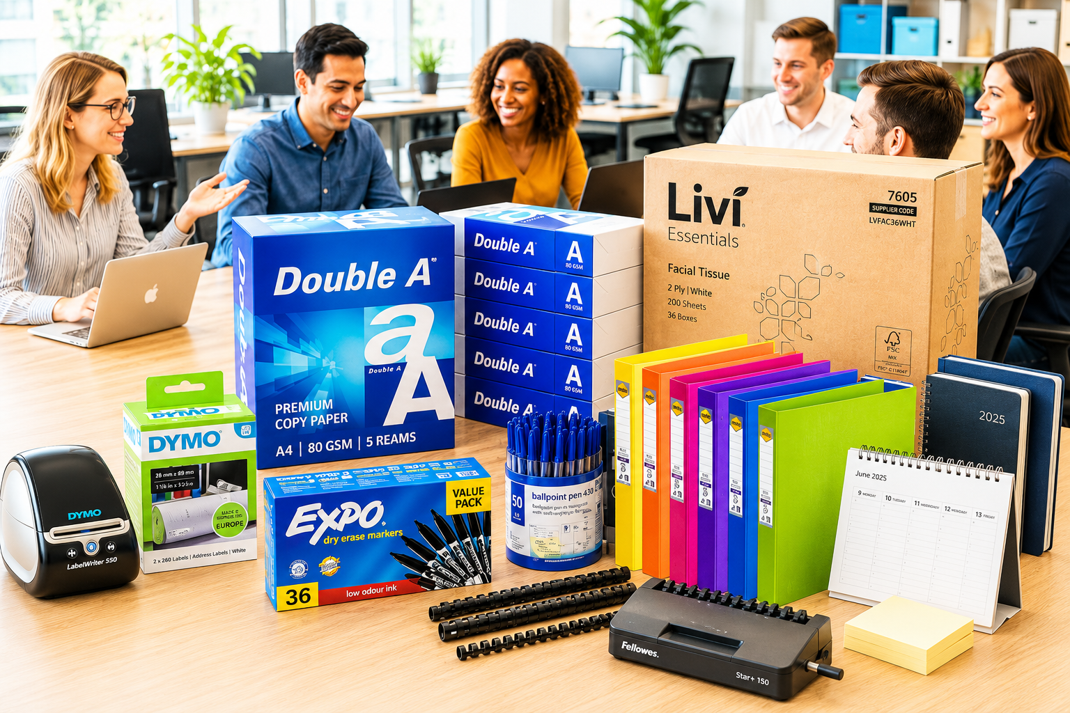 EOFY office essentials display with labels, copy paper, tissues, markers, filing and binding supplies in a bright team workspace.