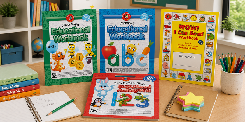 Educational books and activity workbooks arranged on a bright classroom desk with pencils, notebooks and learning resources for early literacy and numeracy practice.