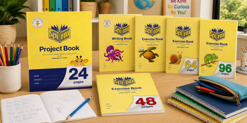 Educational writing books arranged on a classroom desk with project books, exercise books, pencils and student stationery for handwriting and school practice.