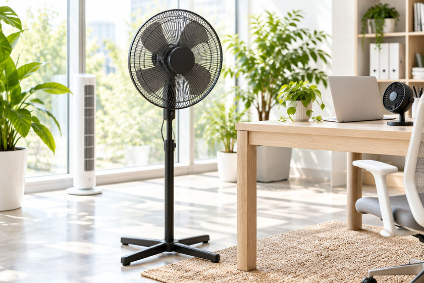 Black pedestal fan, white tower fan and small desk fan in a bright open-plan office with plants and a timber desk