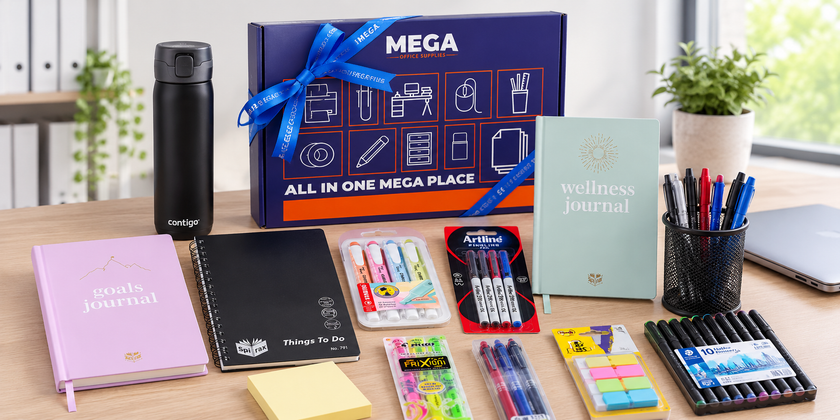 Employee welcome gift pack with journals, pens, highlighters, drink bottle and stationery arranged on a bright modern office desk.
