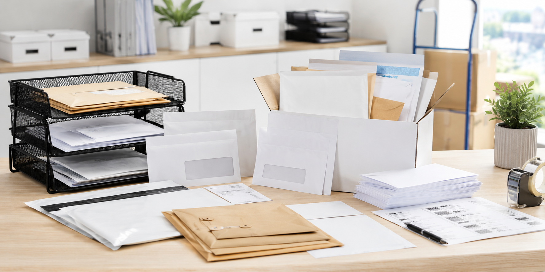 Office mailroom dispatch desk with assorted envelopes, document mailers, paper stacks, labels, tape and packing supplies.