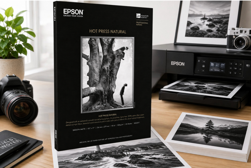 Epson A4 photo paper displayed in a bright print studio with printer, camera and monochrome photographs.