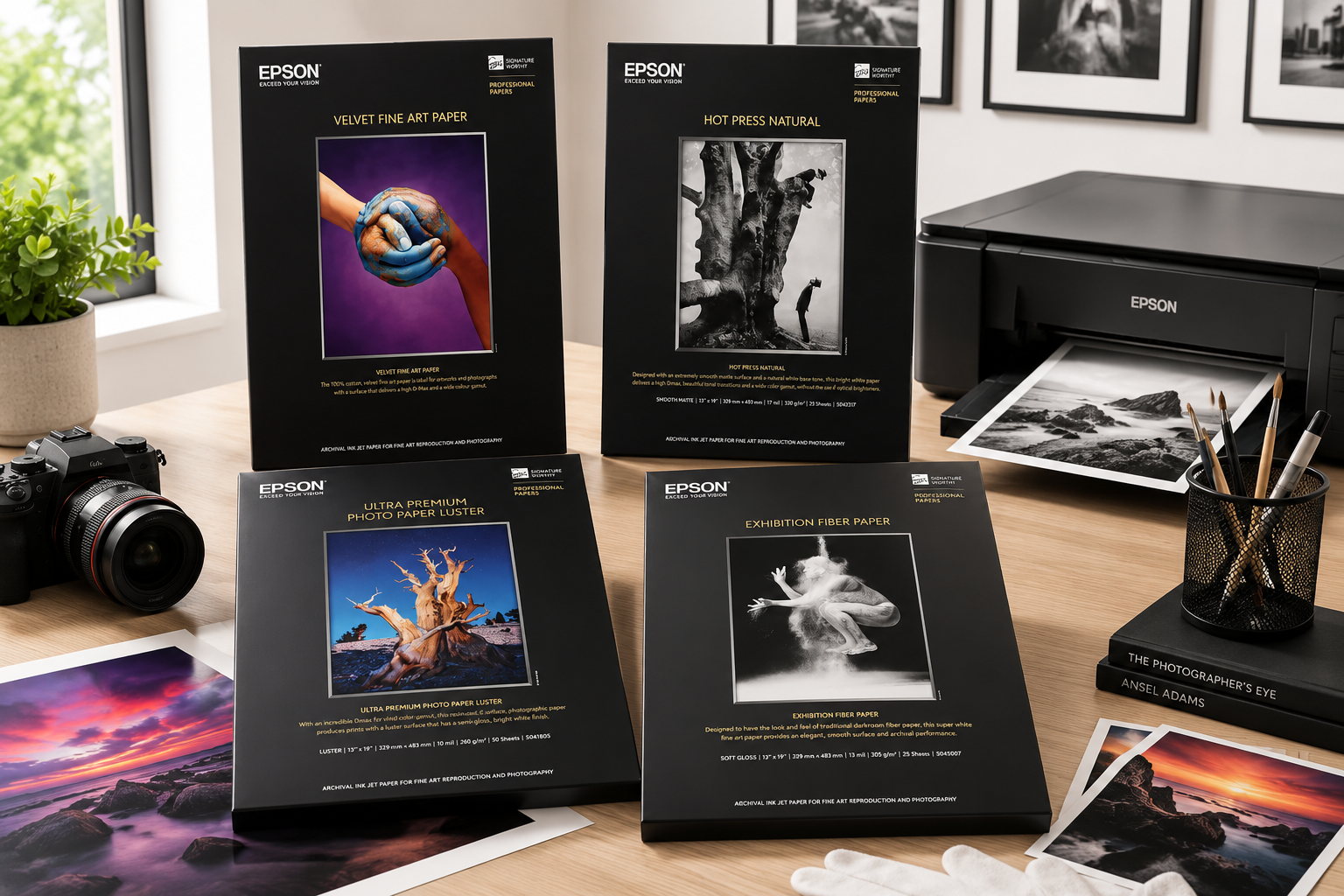 Epson photo paper displayed in a bright professional print studio with printer and photographic prints.