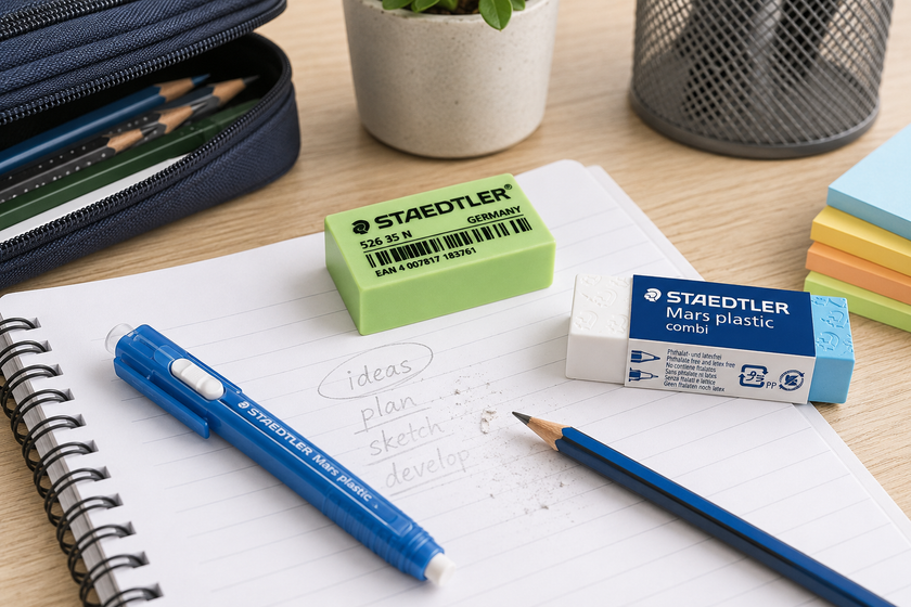 Erasers displayed on a bright study desk with pencils, notebook and stationery for school, office and creative corrections.
