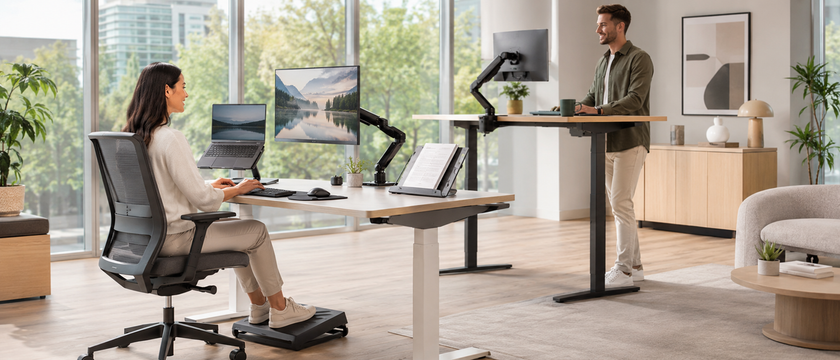 Bright modern office showing two ergonomic workstations with sit-stand desks, monitor arms, laptop stand, document holder and footrest accessories.