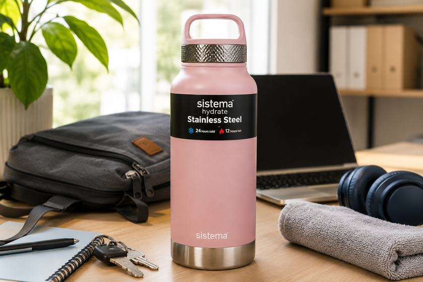 Pink stainless steel water bottle on a bright workspace desk with laptop, bag, headphones and everyday hydration essentials.