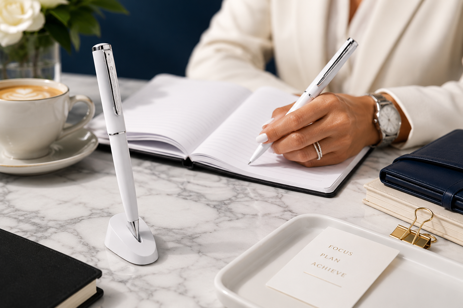 White executive ballpoint pens used for professional writing on an open notebook in a bright marble desk setting with coffee.