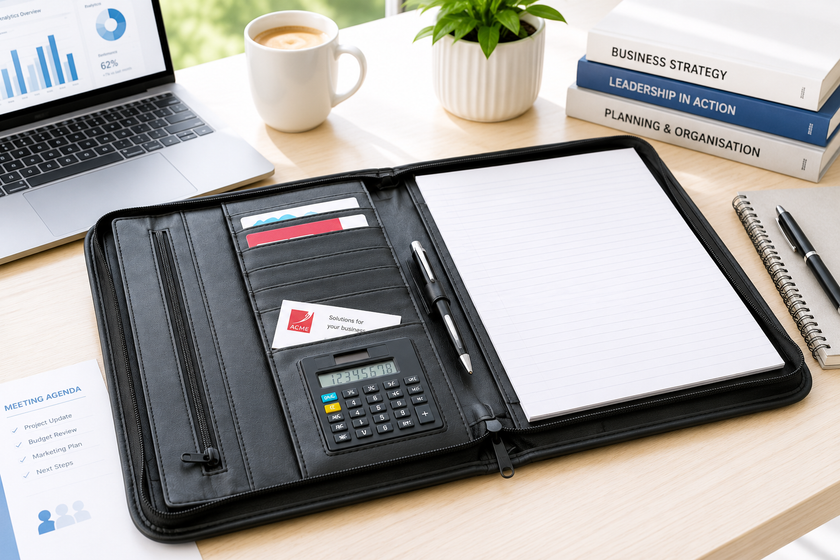 Office compendium open on a bright modern meeting desk with notepad, pen, card pockets and business workspace accessories.