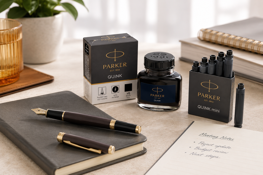 Premium executive fountain pen with gold accents displayed on a leather notebook beside ink refills in a bright professional workspace.