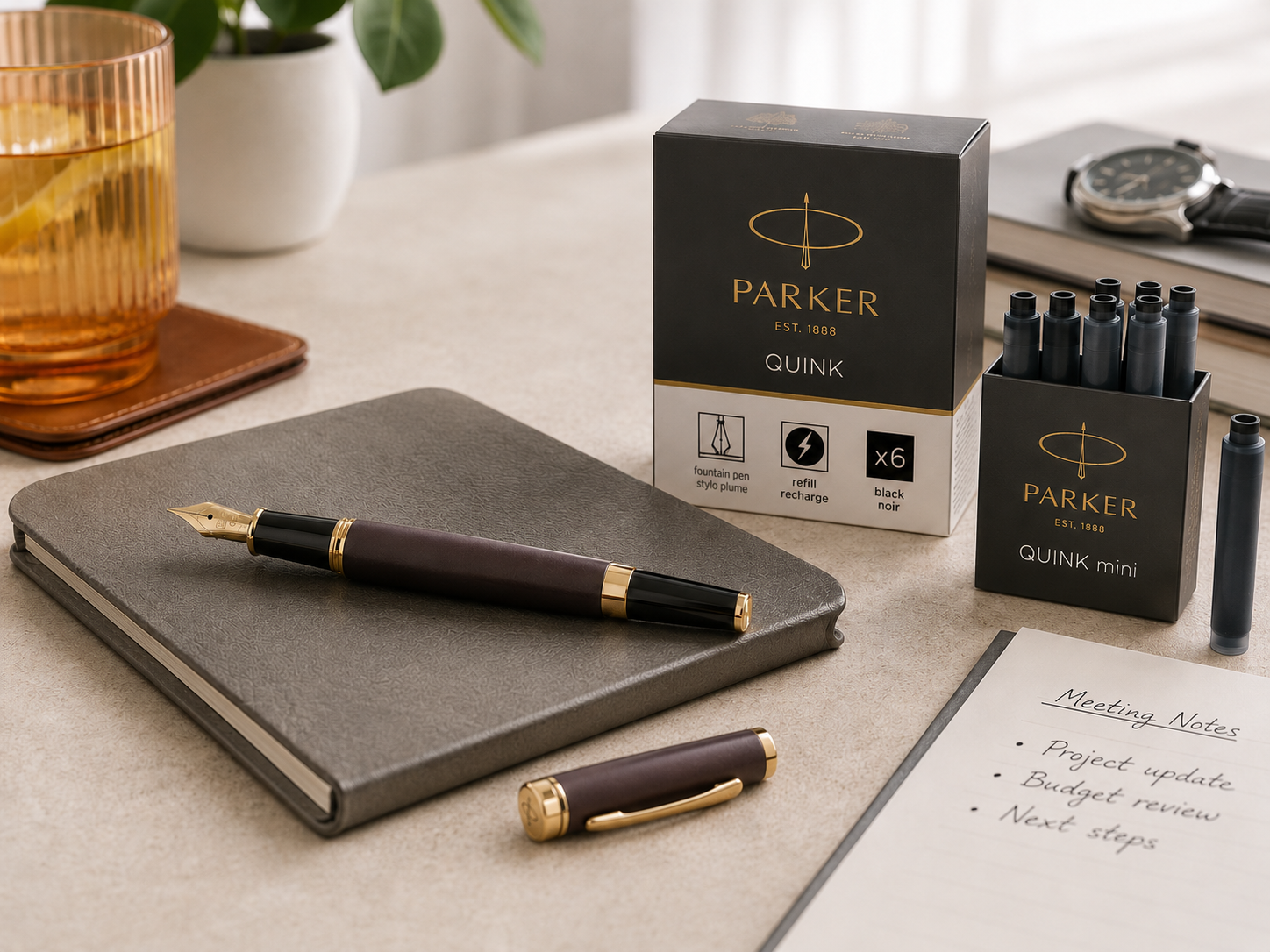 Executive fountain pen with gold accents displayed on a premium notebook beside ink cartridges in a refined meeting desk setting.