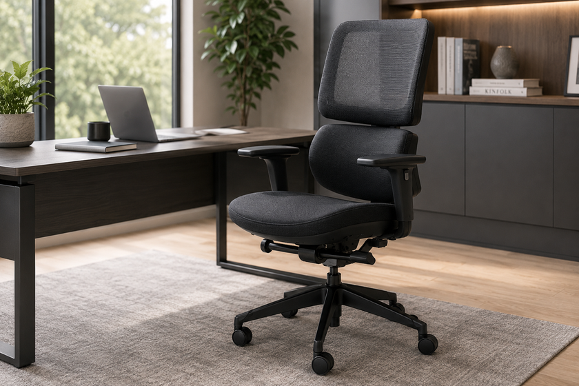 Black executive office chair with adjustable arms and mesh back in a bright modern professional workspace.