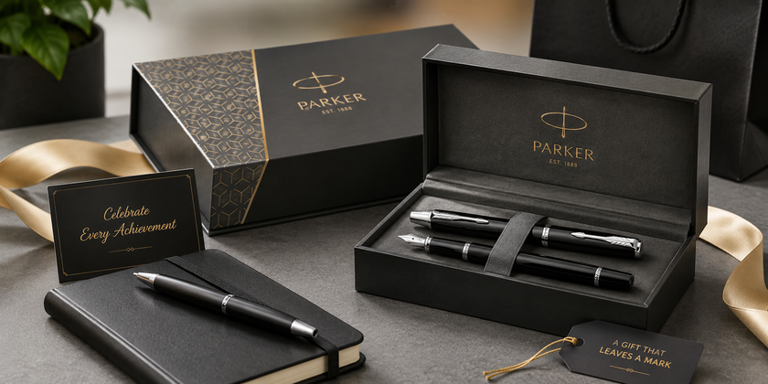 Premium Parker style pen gift set with rollerball and fountain pens arranged on a refined corporate gifting desk.