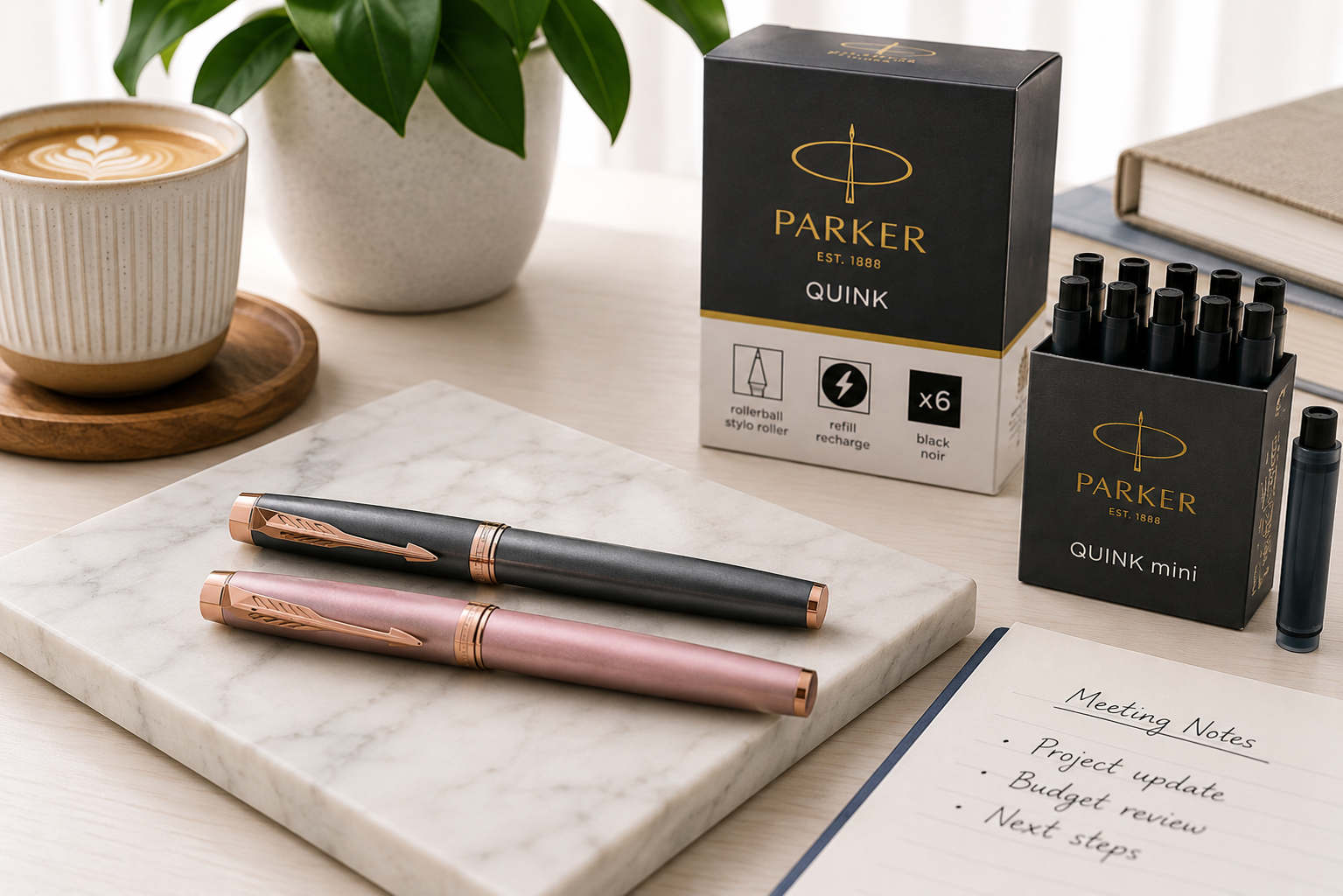 Executive rollerball pens with rose gold finishes displayed on a marble desk organiser beside refill cartridges and coffee.