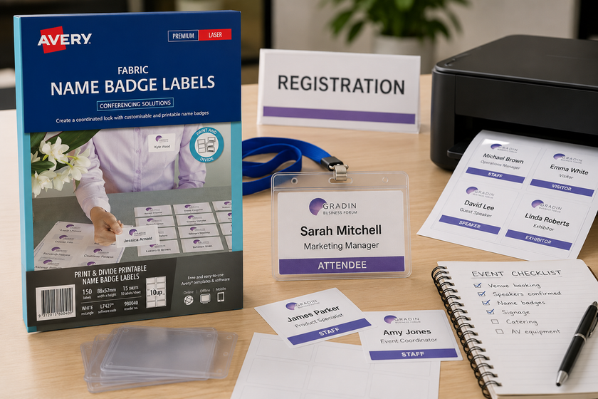 Fabric name badge labels arranged on a conference registration desk with printed badge sheets, badge holders, printer and event checklist.
