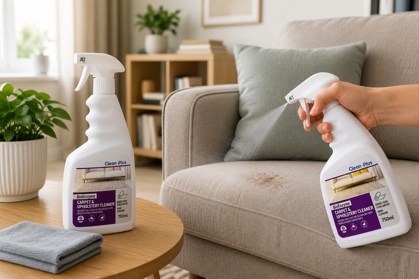 Fabric and upholstery cleaner being used on a sofa in a bright living room with cleaning cloth and soft furnishing accessories.