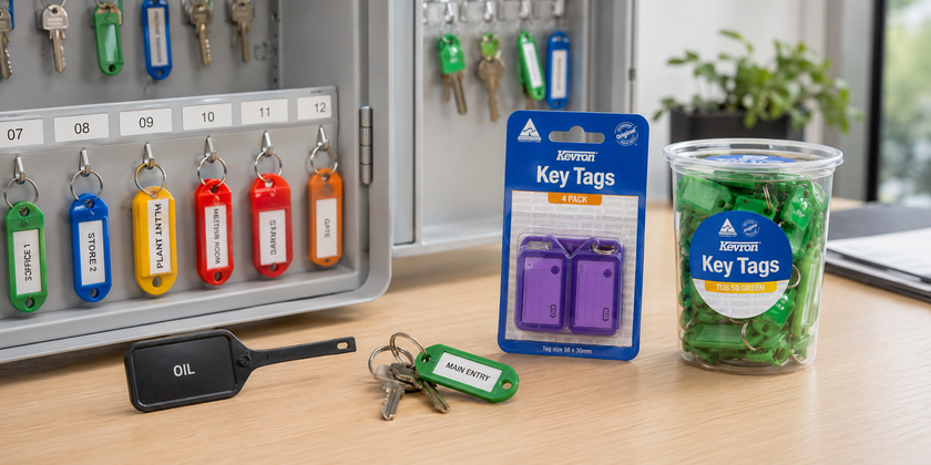 Key tags and key accessories arranged beside a facilities management key cabinet.