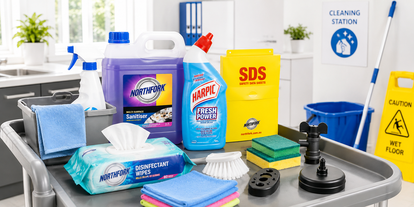 Bright workplace cleaning supplies station with disinfectants, wipes, cloths and safety items arranged for facility hygiene and maintenance.