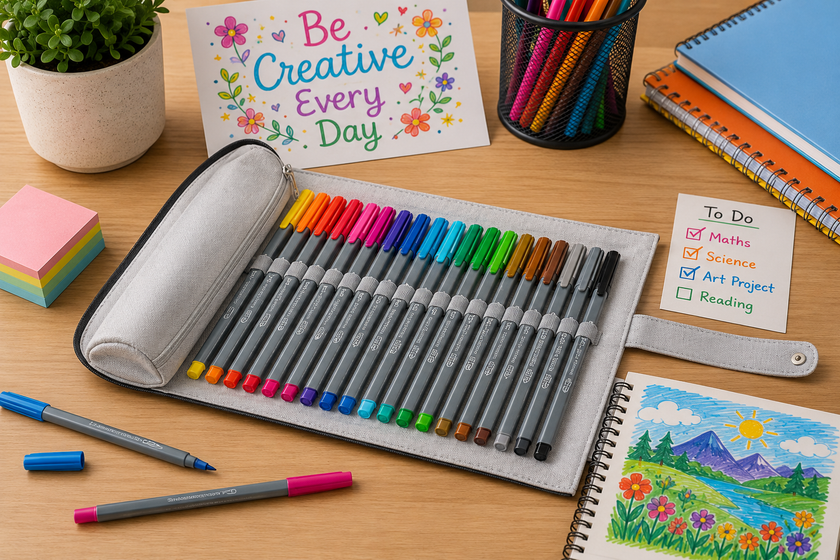 Fibre tip markers arranged in a desk case with notebooks, colourful notes and student artwork for colouring, writing and drawing activities.