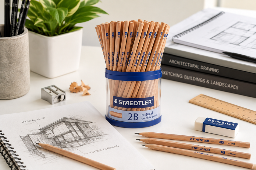 Graphite pencils with sketching tools arranged on a bright modern drawing desk.