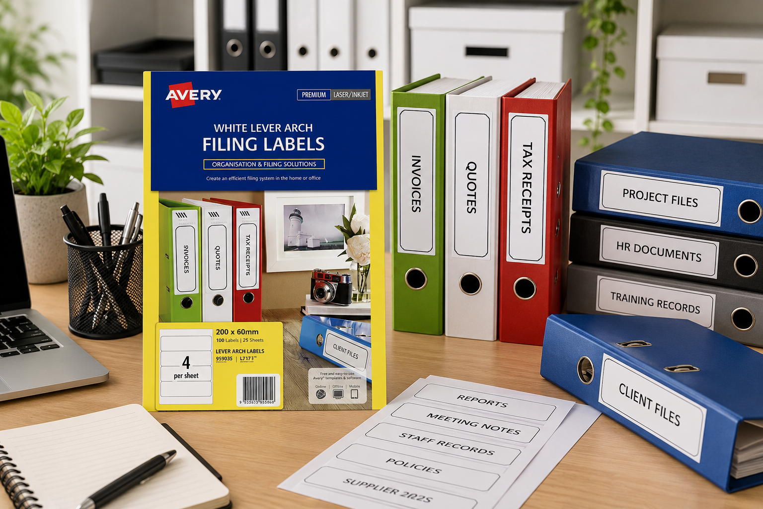 Filing labels on an organised office desk with labelled binders, archive folders and document storage supplies.