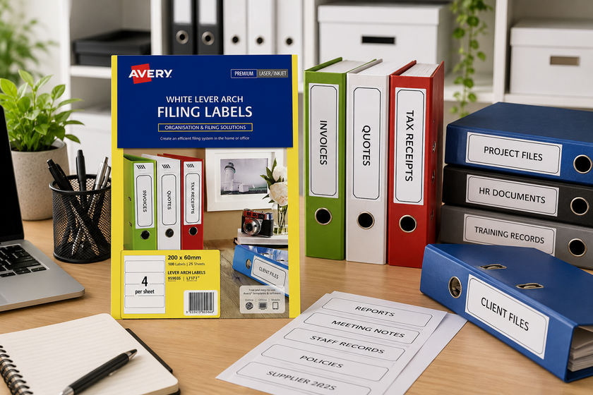 Filing labels on an organised office desk with labelled binders, archive folders and document storage supplies.