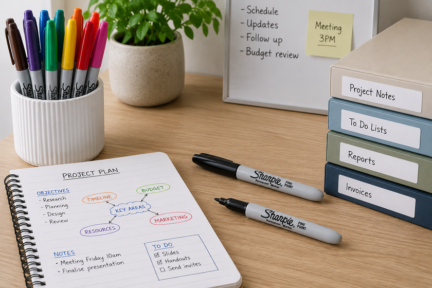 Fine tip markers arranged on a tidy office desk with project notes, colour coded diagrams, labels and planning stationery.