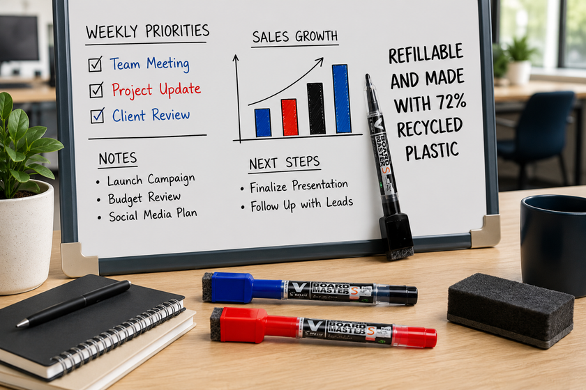Fine tip whiteboard markers arranged on an office meeting desk with a whiteboard, eraser, planning notes and detailed writing for clear everyday communication.