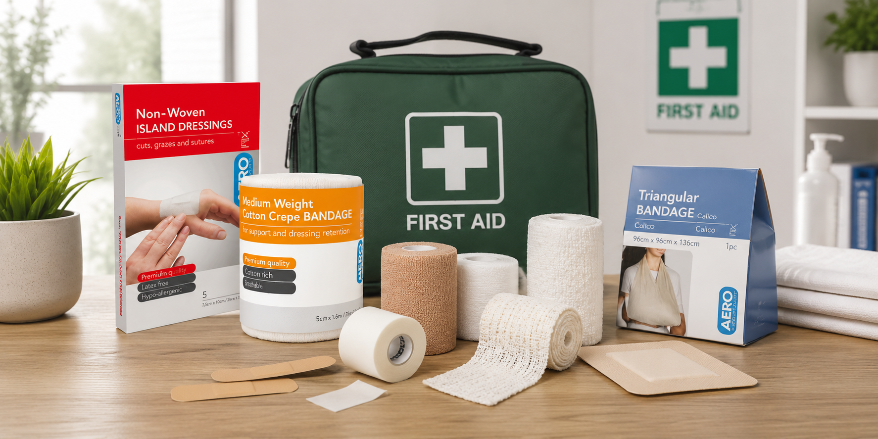 First aid bandages and wound care supplies arranged on a bright workplace first aid station with a first aid kit in the background.