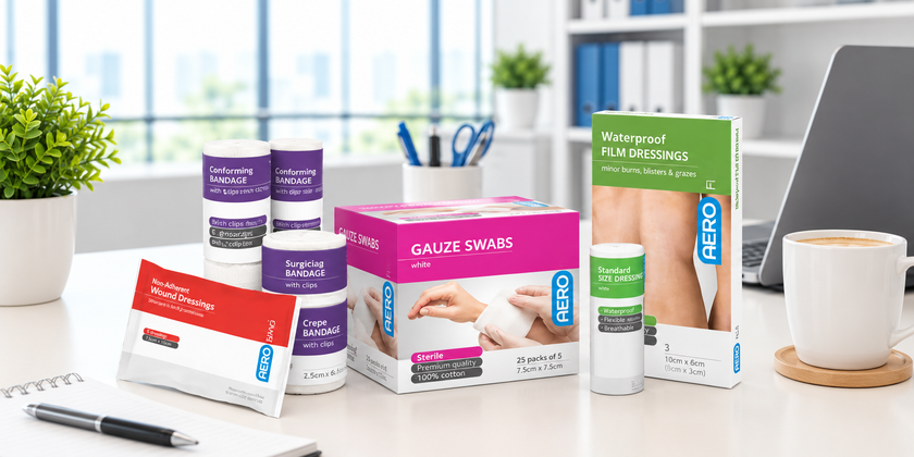 AERO wound care supplies arranged on a bright modern office desk with bandages, gauze swabs and waterproof dressings.