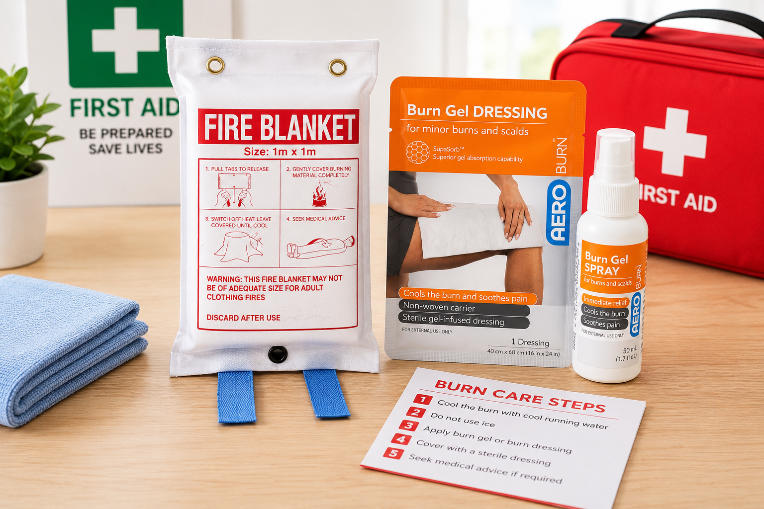 First aid burn products displayed in a bright emergency care setup with fire blanket, burn gel dressing, burn spray and first aid kit.