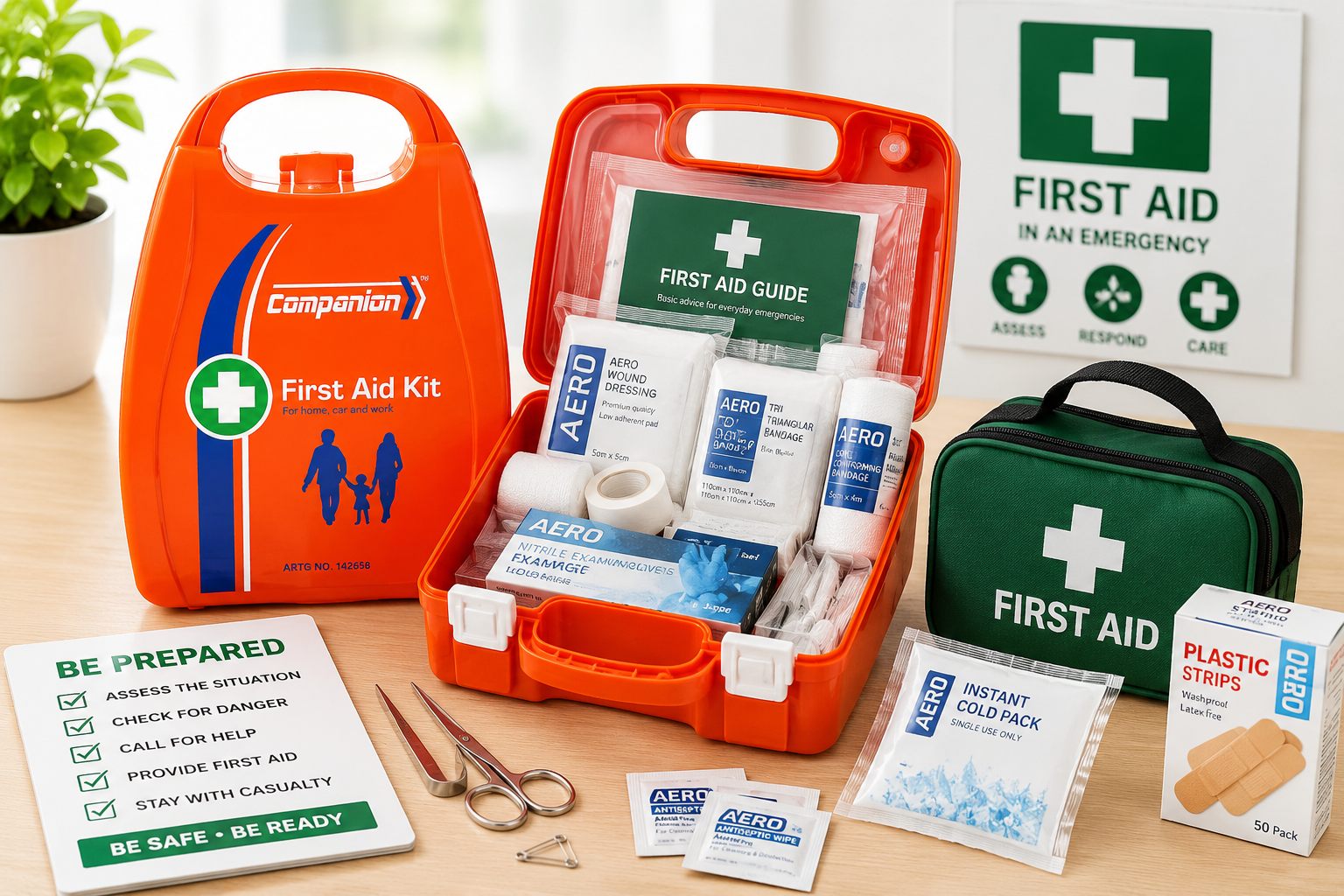 First aid kit displayed in a bright workplace emergency setup with dressings, bandages, checklist and portable safety supplies.