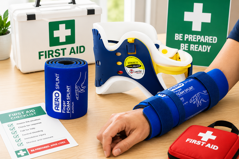 First aid splints displayed in a bright emergency response setup with first aid kit, checklist and immobilisation support products.