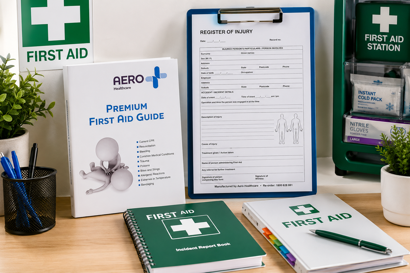 First aid stationery and guides arranged at a workplace safety station with injury register, first aid guide, incident book and emergency supplies.