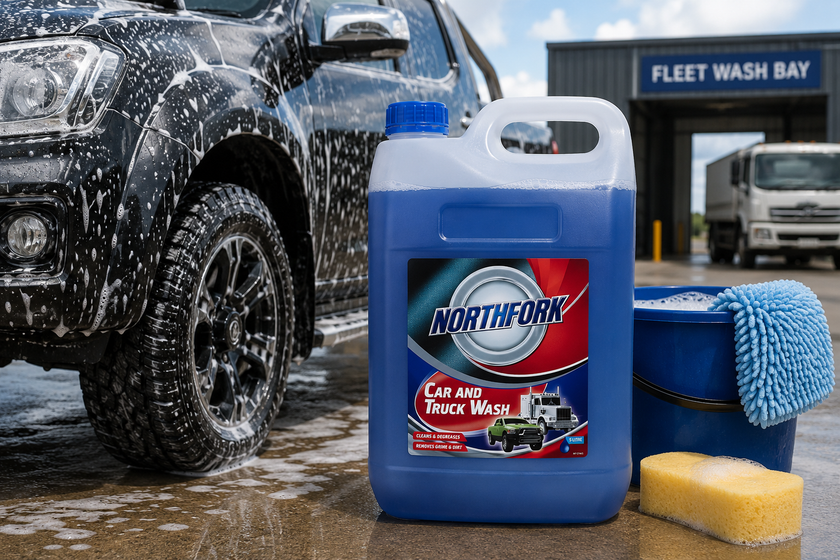 Truck and car wash cleaner displayed in a fleet wash bay with a soapy vehicle, bucket, sponge and wash mitt nearby.
