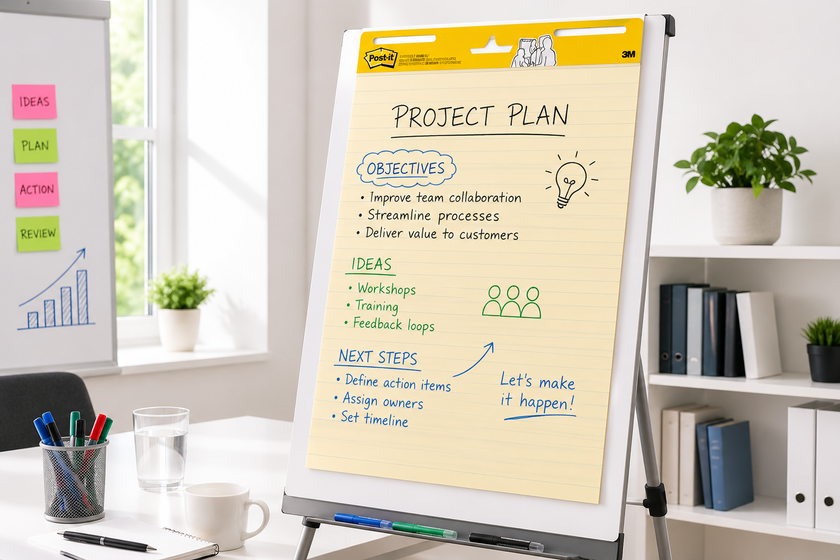 Flip chart pad on an easel in a bright meeting room with handwritten project planning notes for training and team collaboration.