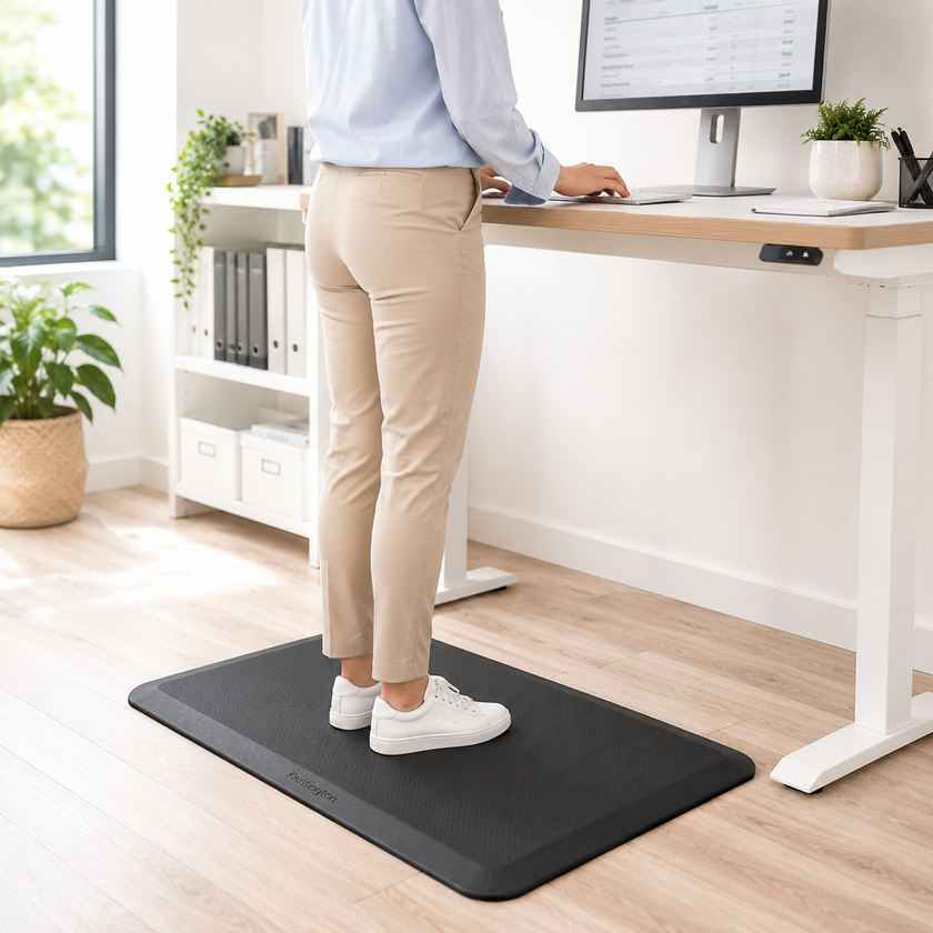 Anti-fatigue mat placed under a standing desk in a bright modern workspace with computer, plants and office storage.
