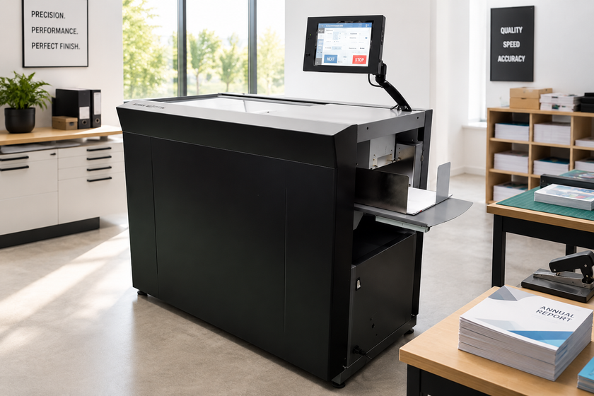 Large floor model paper cutting guillotine displayed in a bright print room with touchscreen controls, paper stacks and document finishing workspace.