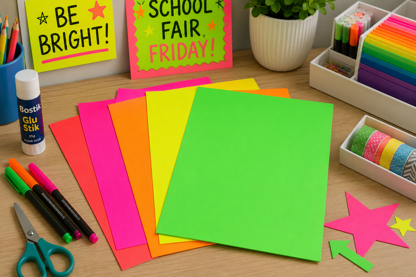 Fluorescent cardboards arranged on a bright classroom craft table with markers, glue, scissors and colourful display materials for high visibility school projects.